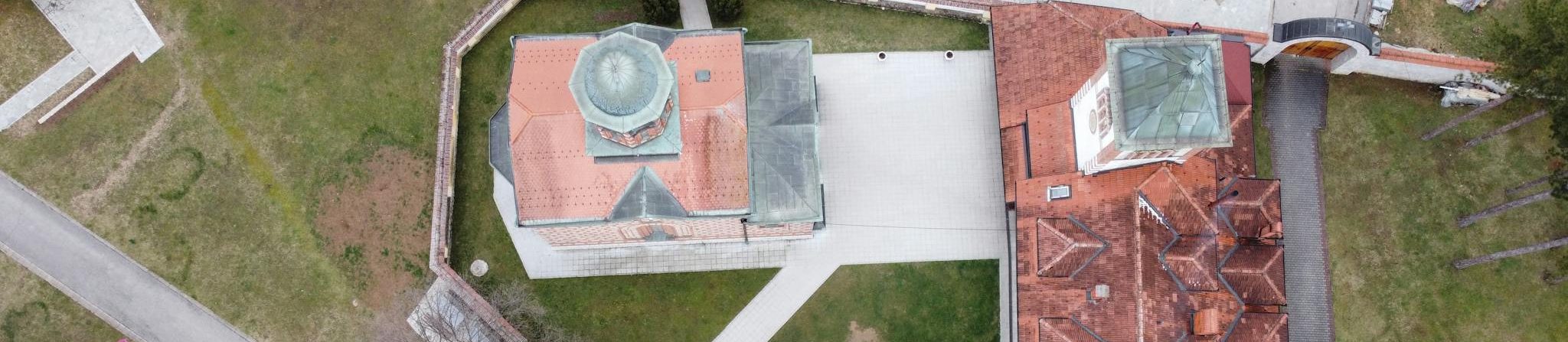 An aerial view of Lelić Monastery in Serbia, showcasing its architectural design and grounds.