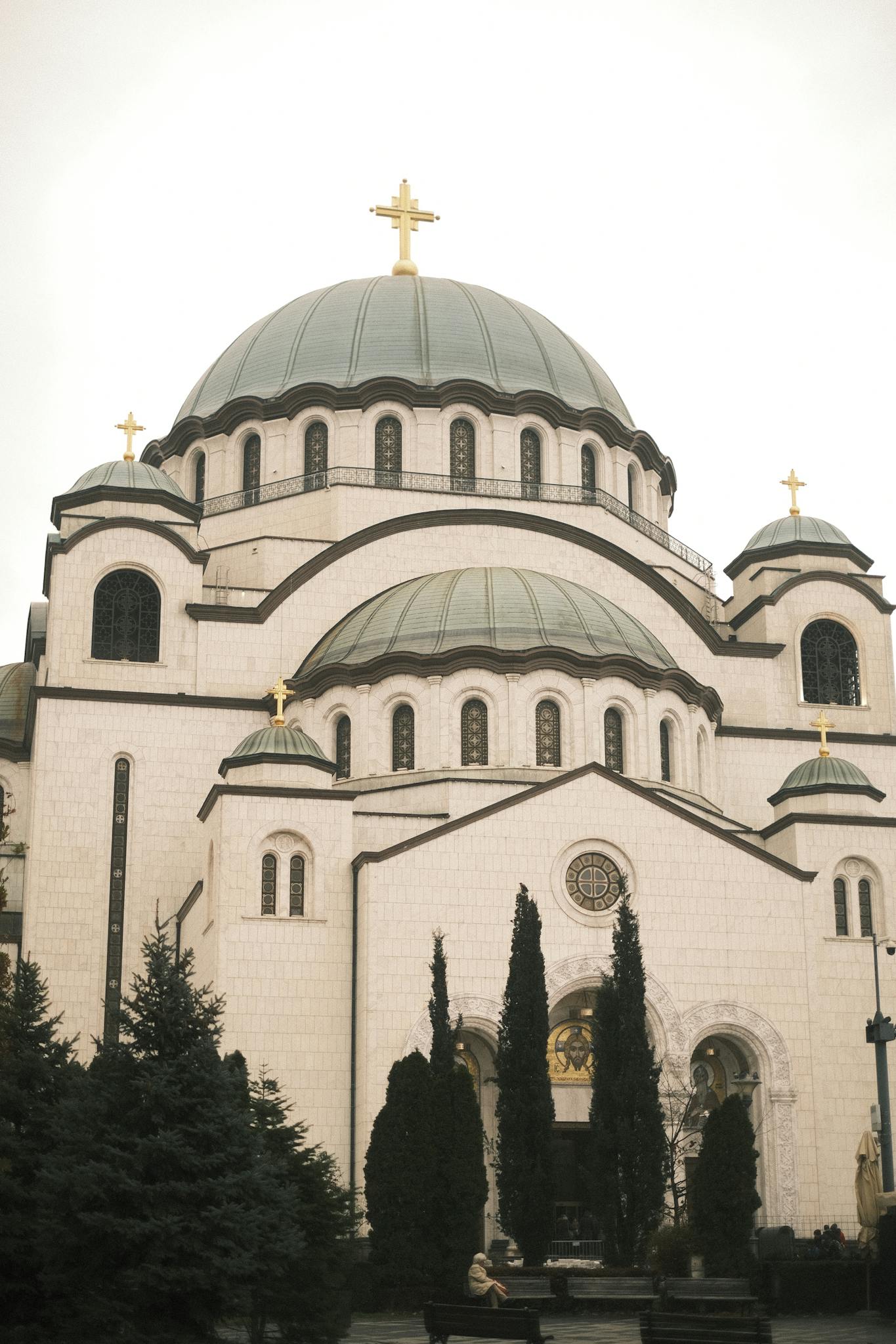 Majestic front view of St. Sava Temple with distinctive domes in Belgrade, Serbia.