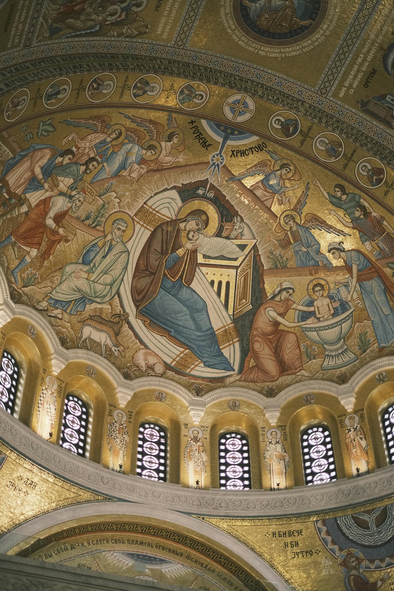 Stunning religious mural inside a Serbian cathedral showcasing classic artistry.